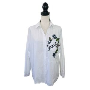 Embroidered Button Down Boxy Top Womens L White Floral Lovely Boho Art to Wear